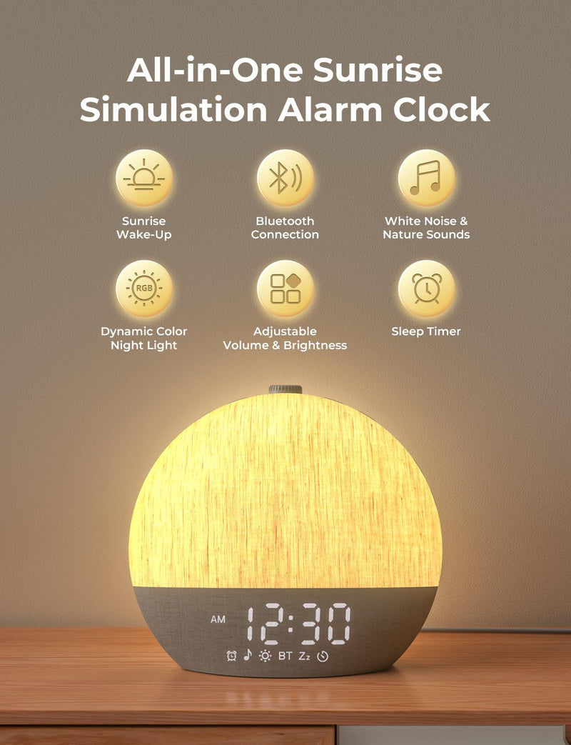 LIORQUE Sunrise Alarm Clock, Digital Alarm Clocks Bedside, Wake up Light with White Noise for Heavy Sleepers, 30 Sleep Sounds, Sleep Timer, Adjustable Volume & Brightness,Screen Free Design, Bluetooth