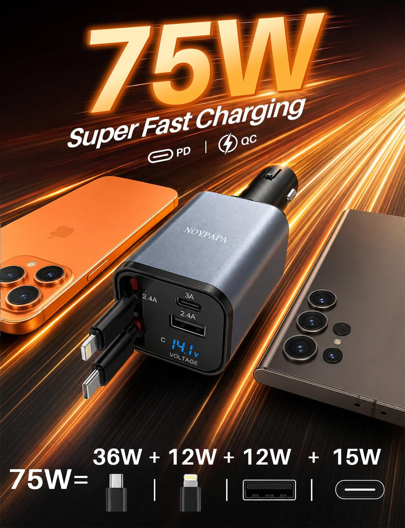 Retractable Car Charger, 75W Car Phone Charger with Cables Fast Charging, USB C Car Charger Adapter for iPhone 17 16 15 14 13 12, Samsung, Black