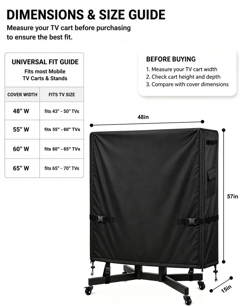 Outdoor TV Cart Cover, 48”L × 15.7”W × 57”H, Fits Most 45–50 Inch Rolling TV Stands, Heavy Duty Waterproof Oxford Cover with Dual Waterproof Zippers, 4 Windproof Buckle Straps & Drawstring 48"L × 15.7"W × 57"H