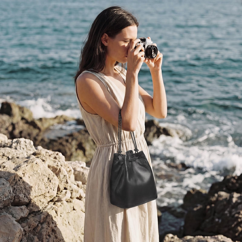 S-ZONESoft Leather Camera Insert Bag Drawstring Camera Pouch DSLR Lens Case | Top Grain Lambskin Leather, Drawstring Closure, Dust-proof, Scratch-resistant, Compatible with Canon Nikon Sony Large