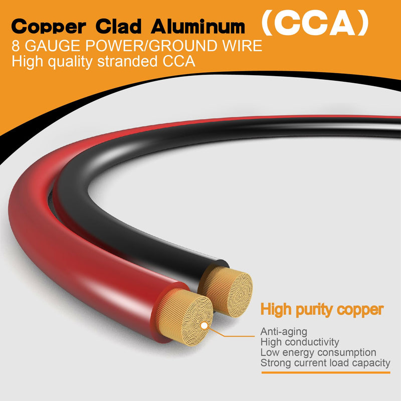 50FT 8 Gauge Wire Copper Clad Aluminum CCA Black/Red with 8ga lugs,60A Fuse Holder,Heat Shrink Tube - Battery Power/Ground Cable,Car Audio Speaker,RV Trailer Amp Wiring kit (25ft Each- Black/Red) 50FT