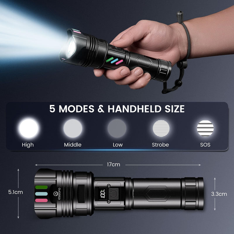 Super Bright Flashlight 100000 High Lumens Rechargeable,Powerful Long Distance 3280ft Strong LED Flash Lights,Long Lasting 10H LCD Digital USB Discharging Function,Focus & Brightness Adjustable 29 Watt Hours