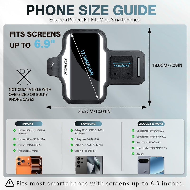 PORTHOLIC Running Armband Phone Holder with Earphone Pouch Fits up to 6.9" | Cell Phone Arm Bands for Runners Workout with Card Slot & Extension Strap for iPhone 17/16/15/14/13 Plus Air Pro Max XR/XS Black(Up to 6.9'')
