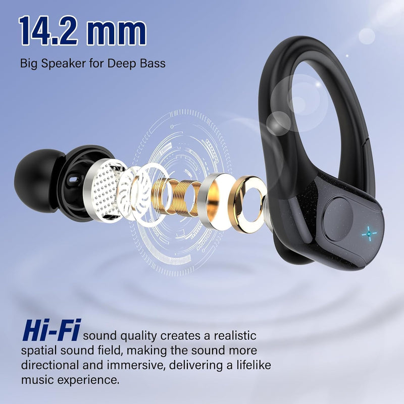 75H Sports Wireless Earbuds Bluetooth 5.4 Headphones Stereo Deep Bass,Black | Over Ear Buds with Earhooks, LED Display Bluetooth Earbuds with 4 ENC Mic, IP7 Waterproof Earphone for Running Black