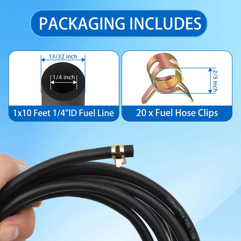 10ft 1/4" ID Fuel Line Hose with 20pcs 2/5" Clamps - Fits Kawasaki, Kohler, Briggs & Stratton Small Gas/Diesel Engines, Generators, Powersports - Durable Flexible Rubber Hose Kit 1/4-inch ID