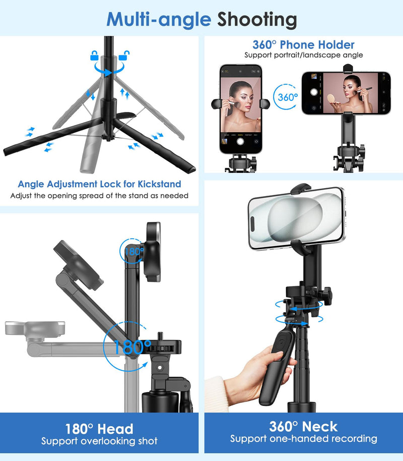 MoKo 68" Magnetic Selfie Stick Compatible with MagSafe, Extendable Rotatable Phone Tripod Stand with Remote for iPhone 15 14 13 12 and All Phones with Metal Ring, Fit for Selfie/Photo/Live/Vlog, Black