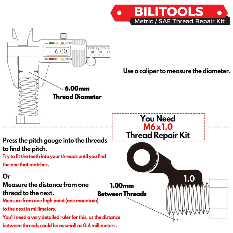 BILITOOLS M6x1.0 Thread Repair Kit, HSS Drill Helicoil Repair Kit Metric M6 x 1.0