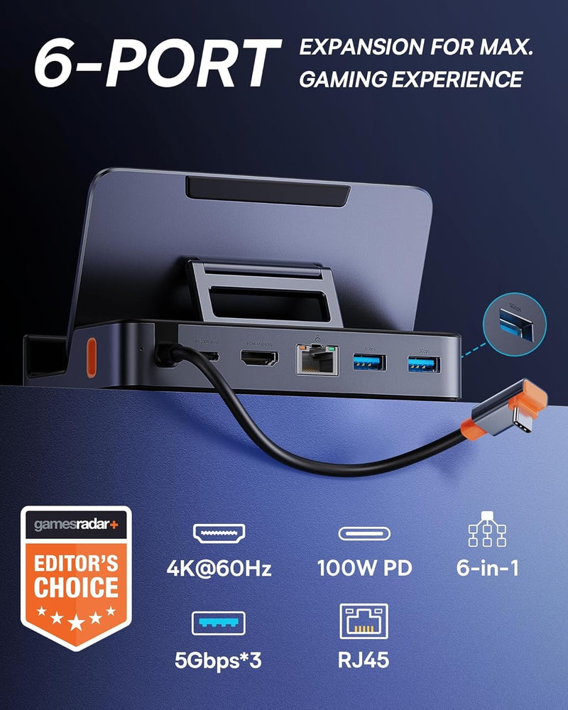 Steam Deck Dock, Baseus 6-in-1 Docking Station with Adjustable Stand Design | for Steam Deck/ROG Ally X/Legion Go with HDMI 2.0 4K@60Hz, Gigabit Ethernet, 100W PD and 3 USB-A 3.0 Ports