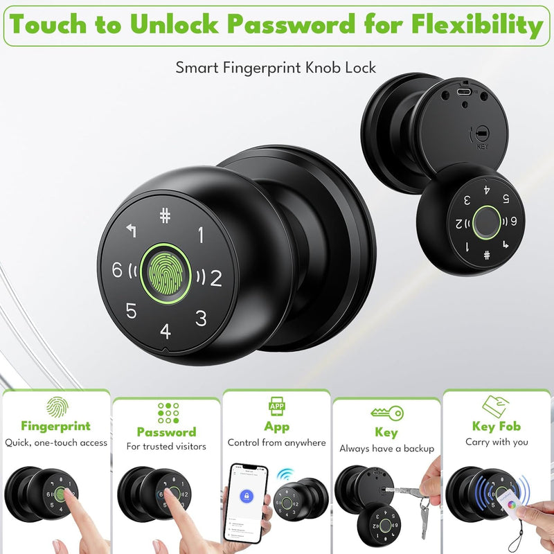 Fingerprint Door Lock, Smart Door Knob, 2.4G WiFi Biometric Door Knobs with App Control, Auto Lock Door Lock with Code, Thumbprint Door Knob for Bedrooms, Office, Apartment, Offices,Hotels