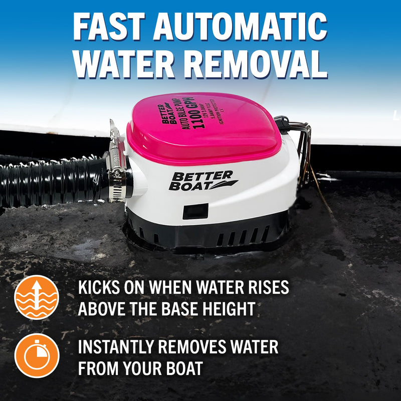 Automatic Bilge Pump 1100 GPH 12V with Built-In Float Switch, 1-1/8 Inch Outlet, 5-Year Warranty, Submersible for Bass Boats, Jon Boats - Better Boat