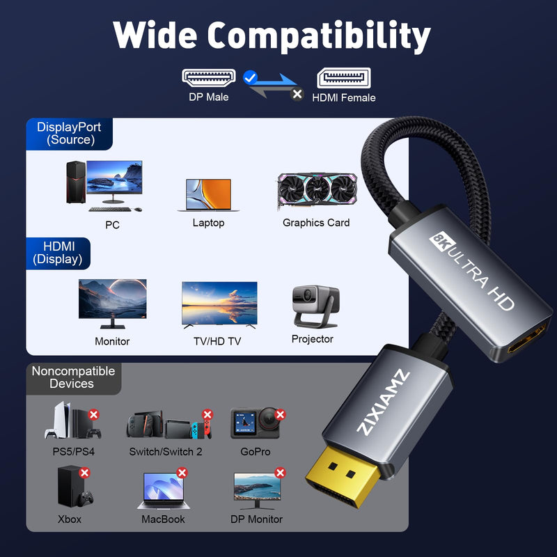 8K@60Hz Active DisplayPort 1.4 to HDMI 2.1 Unidirectional Adapter | DP Source to HDMI Display Converter, Supprt 4K@240Hz 2K@240Hz HDCP 2.3 Compatible with Desktop Projector AMD NVIDIA No VRR