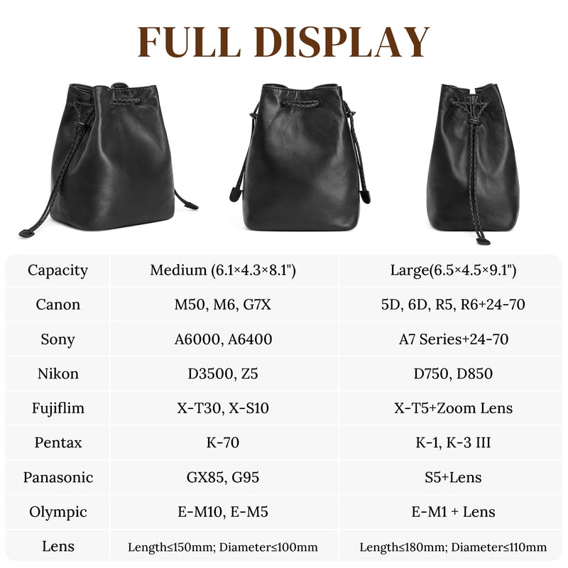 S-ZONESoft Leather Camera Insert Bag Drawstring Camera Pouch DSLR Lens Case | Top Grain Lambskin Leather, Drawstring Closure, Dust-proof, Scratch-resistant, Compatible with Canon Nikon Sony Large
