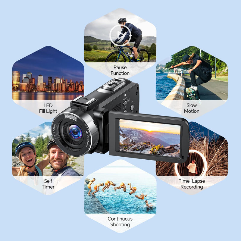 Camcorder Video Camera 4K, 42MP Digital Camera for Vlogging, 3" 270° Rotating Screen 18X Digital Zoom Video Recorder for YouTube Beginners with Remote Control, 2 Batteries, 32GB SD Card black