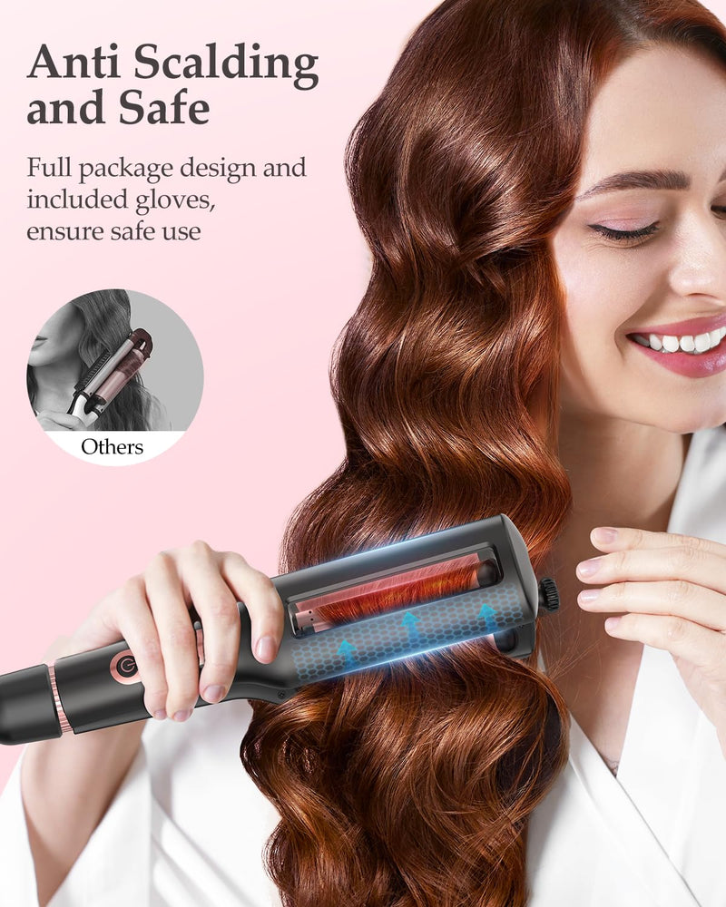 4 in 1 Adjustable Wave Curling Iron - 22/25/32/38mm Ionic Beach Waver Hair Curler with Ceramic Electrical Coating, Anti-Scald, 30S Heat Up, Digital Display, 4 Temperature(140°C-210°C), Black+Rose Gold