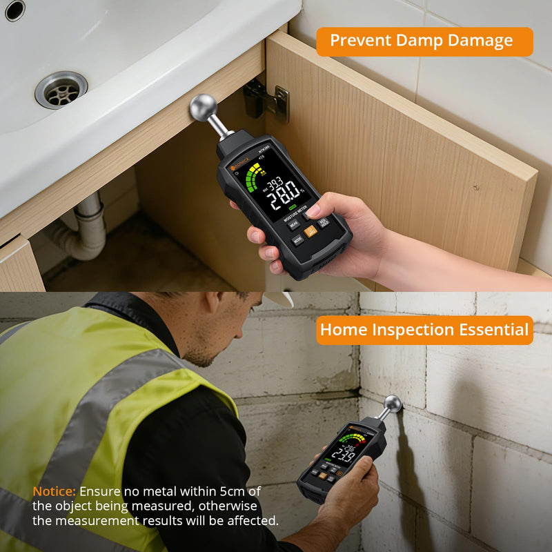 Neoteck Moisture Meter with REF Comparison, ±2.5% Accuracy Pinless Non-Destructive Moisture Detector with 5-40mm Measuring Depth,3-Color Warning Display,5 Modes for Wood Concrete Cement Plaster