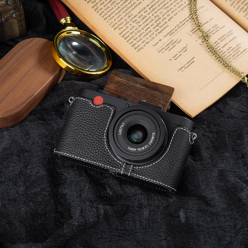 Genuine Leather Retro Camera Case, Half-Wrap Genuine Leather Camera Protector, Compatible For Leica X1 X2 X-E (Black) Black