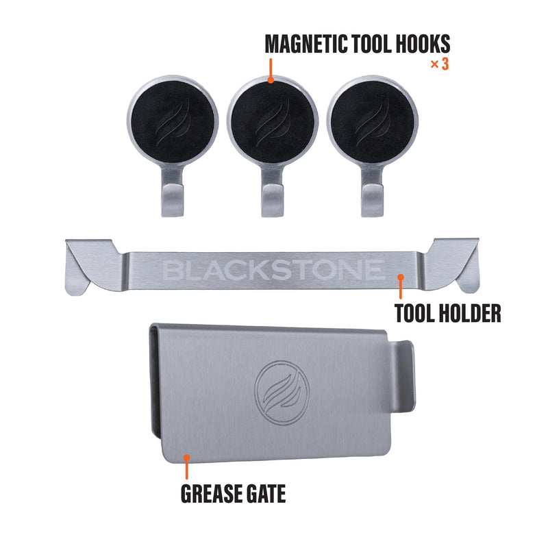BLACKSTONE 5188 Rear Grease Gate, 3 Magnetic Hooks & Tool Holder Combo | Griddle Accessories, Stainless Steel, Barbeque Cooking Utensil Holder, Grease Guard