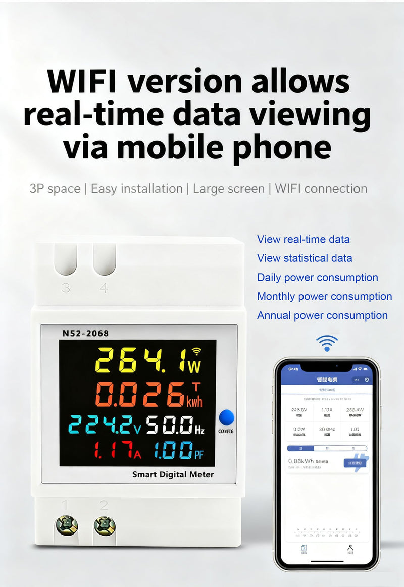 Single Phase Energy Meter Din Rail Electricity Usage Monitor AC 40-300V 100A Voltmeter Ammeter Watt Kwh Frequency Power Meter Built-in CT 110V (D52-2066-WIFI Built-in-CT) D52-2066 Built-in-CT