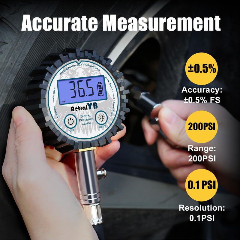 Digital Tire Pressure Gauge with 200 PSI - Heavy Duty Air Chuck, Reinforced Rubber Hose, Professional Accuracy, and LED Backlight 45° Air Chuck