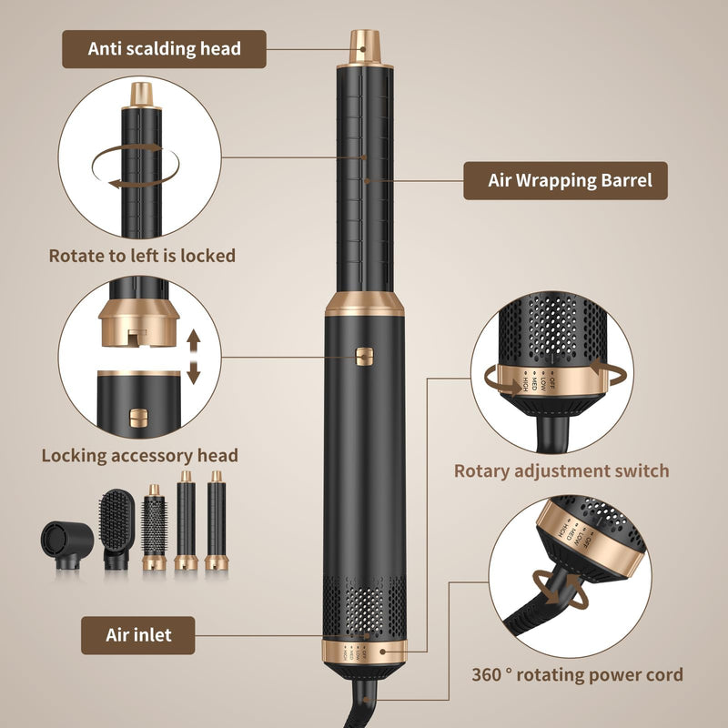Hair Styler 5 in 1, Magic Hairstyler, 1000W Hair Dryer Brush with Curl, Straighten, Volumise, Smooth and Hairdryer Brushes for Styling,All Hair Types Negative Ion Hair Care (Black) Black