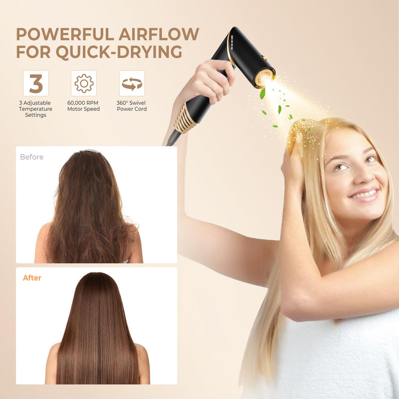 5 in 1 Air Styler Hair Dryer Brush with Rotatable Blow Dryer [60,000 RPM] Air Curlers Volumizer Straightening Brush Hairdryer Nozzle 5 in 1 Magic Styler Hair Styler for Easy Hair Styling, Black