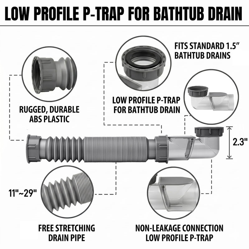 Low Profile 1 1/2 Bathtub Shower Drain Pipe with One-Way Valve, Flexible Drain Pipe for Freestanding Tub, Odor Prevention Flat Curved Hose Kit for Bath and RV Tub, YGG003 (Gray) Gray