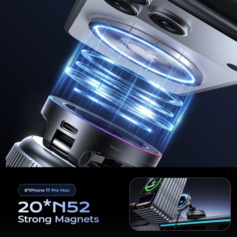 Qi2.2 Magnetic Car Mount Charger,25W Fast Wireless Charging Stand with RGB Light,360° Rotating Suction Phone Holder for Your Car,Compatible with iPhone 12-17,S26/S25