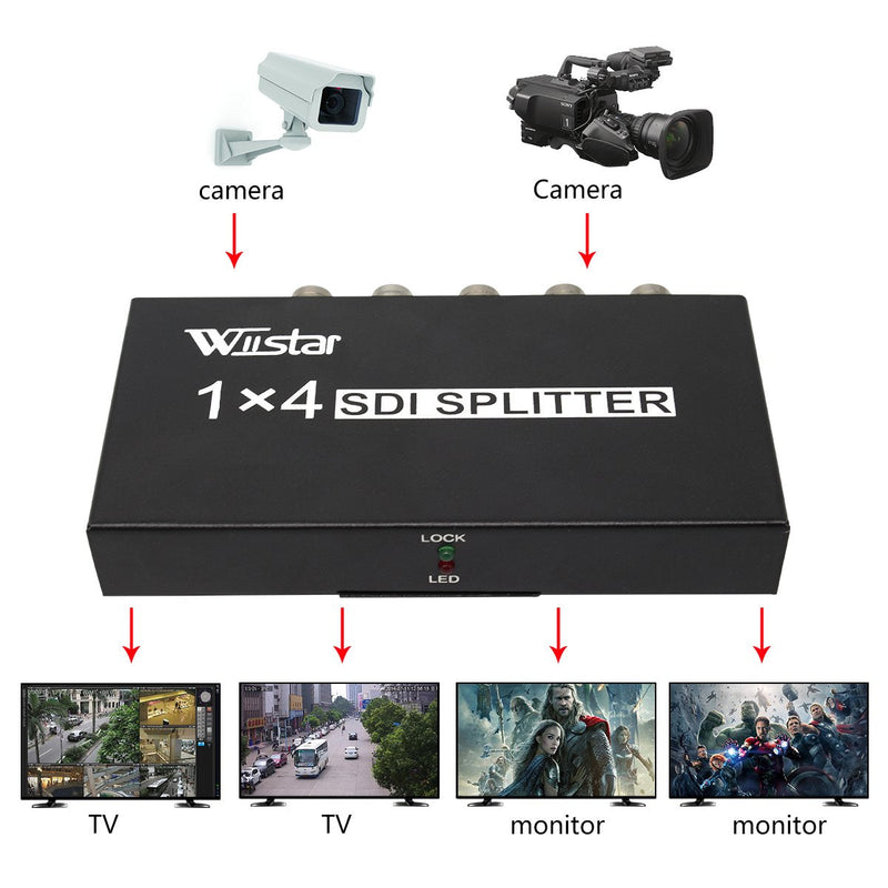 Wiistar SDI 1x4 Splitter Black Amplifier Splitter 1 in to 4 Out SD-SDI HD-SDI 3G-SDI Repeater Extender