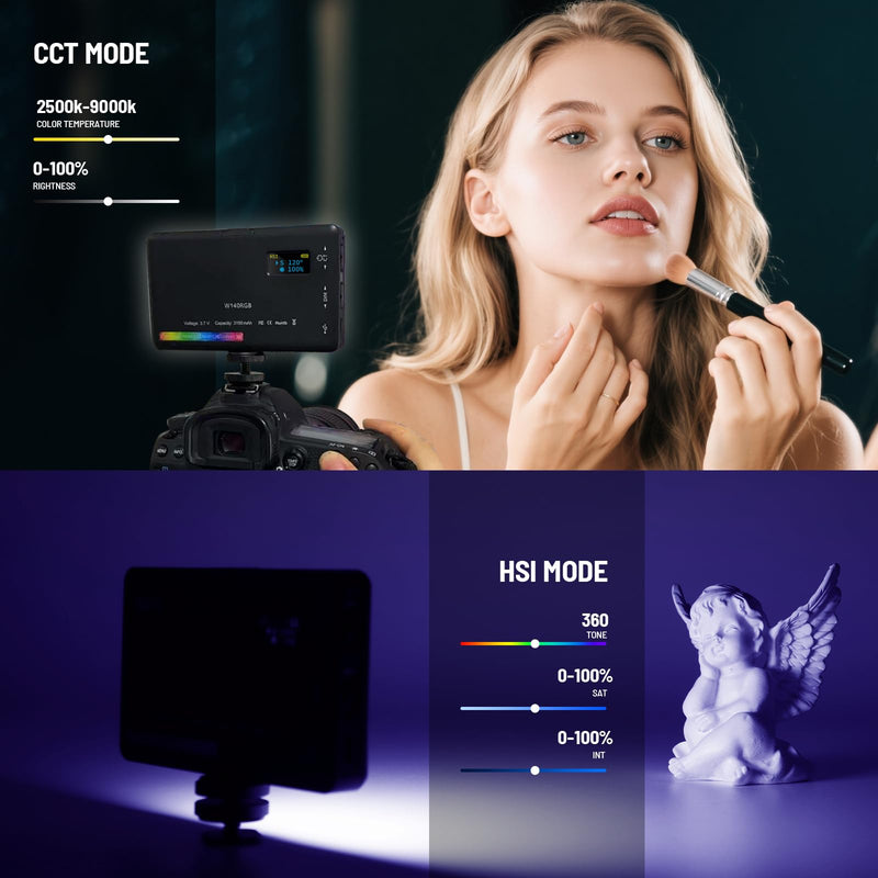 RGB Video Light with Multi Functional Stand, 140 Lamp Beads 360° Full Color LED Camera Light with 3 Cold Shoe CRI≥95 2500K-9000K±200K, 2000mAh Rechargeable Photography Lighting with 20 Scene Modes W140RGB