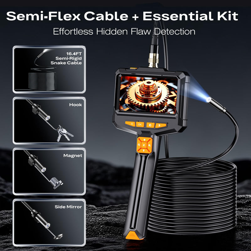 Endoscope Camera with Light, Handheld Borescope Inspection Camera with 4.3" IPS Screen, AukonVee IP67 Waterproof with 8 Adjustable LED Lights & 16.5FT Semi-Rigid Snake Camera, Bore Scope Tools for Men 4.3" Handheld Borescope-ES05