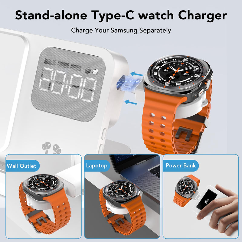 4 in 1 Wireless Charger with Alarm Clock Compatible for Galaxy Watch 8/7/Ultra/FE/6 Pro Galaxy S26 Pro/Ultra/S25+/S24/S23/Note 20/Z Flip 7/6/5 Fold Galaxy Buds4/2/Pro Multiple Devices Charging Station white