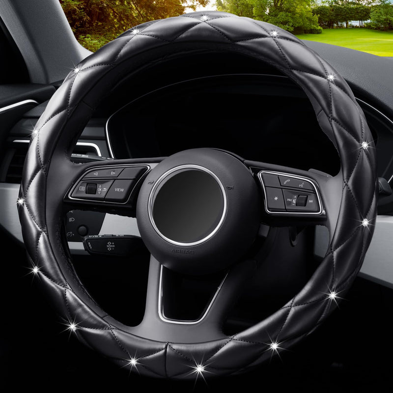 YOGURTCK Diamond Soft Leather Anti-Slip Steering Wheel Cover with Bling Bling Crystal Rhinestones, Universal 15 Inch for Women Girls, Fit Vehicles, Sedans, SUVs, Vans, Trucks - Black A-Black