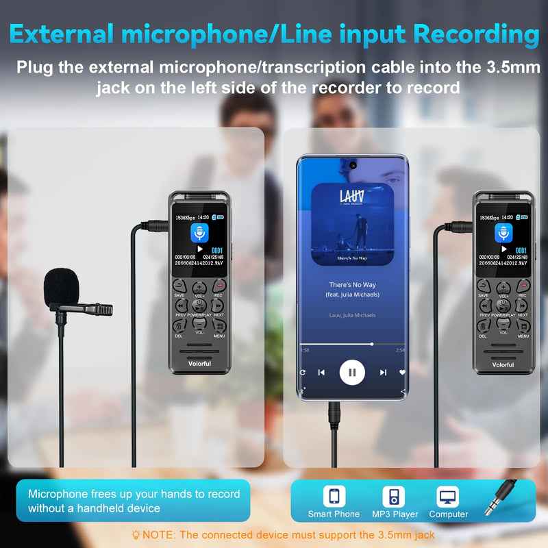 Digital Voice Recorder with Playback, Volorful 80H HD Recording Device | External Microphone, AI Noise Reduction, One Touch Recording/Lock, Voice Activated, Password, Lecture Meeting Interview Class 32.0 GB