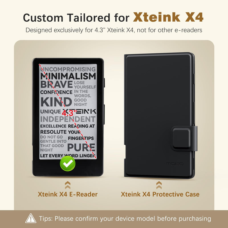 MoKo Magnetic Case for XTEINK X4 eReader 4.3", Slim Leather Cover, Black | Ultra-Lightweight, Folio Premium Cover, for Xteink X4 E-Book Reader, with Secure Magnetic Clasp