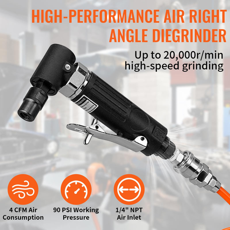 BAIWEN 1/4" Right Angle Air Die Grinder - 90 Degree Heavy Duty 20,000 RPM Compressed Sander Polisher Tool for Contour Grinding, Polishing, Milling, Cutting Black Die Grinder Set