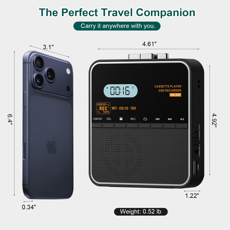 Cassette Tape Player Recorder, Cassette to MP3 Converter, Record to Cassettes/USB/SD Card, LCD Display, Power by USB C or AA Battery, Built-in Speaker, Headphone Jack and Mic Black