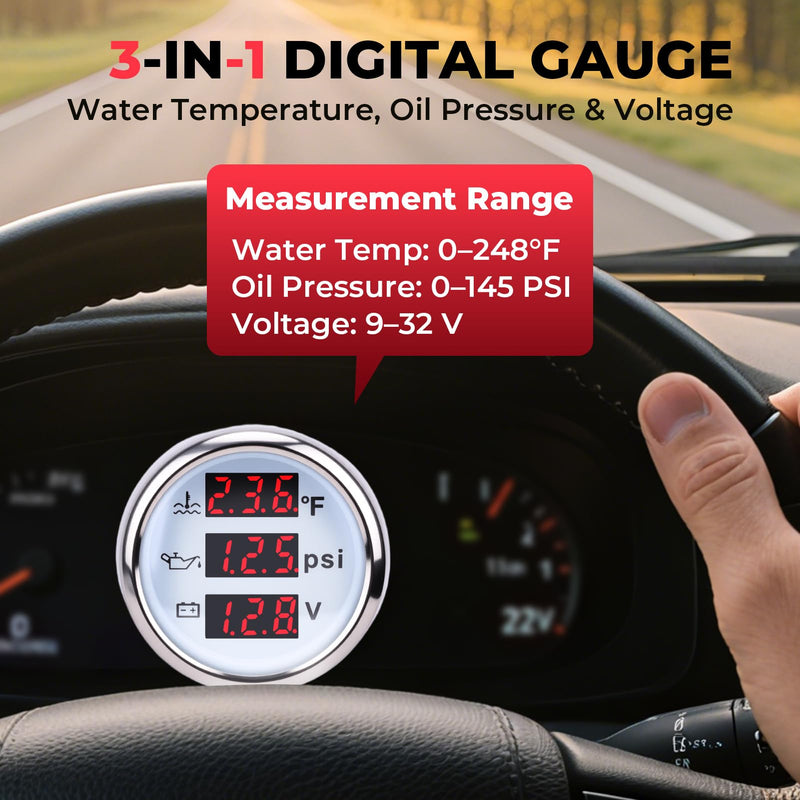 3 in 1 Gauge Kit 52mm Digital Oil Pressure Gauge, Water Temperature Gauge, Voltmeter for Car Truck Boat RV Motorcycle, Automotive Gauge Kit with Oil Pressure Sensor, Universal 12V (RED3) RED3