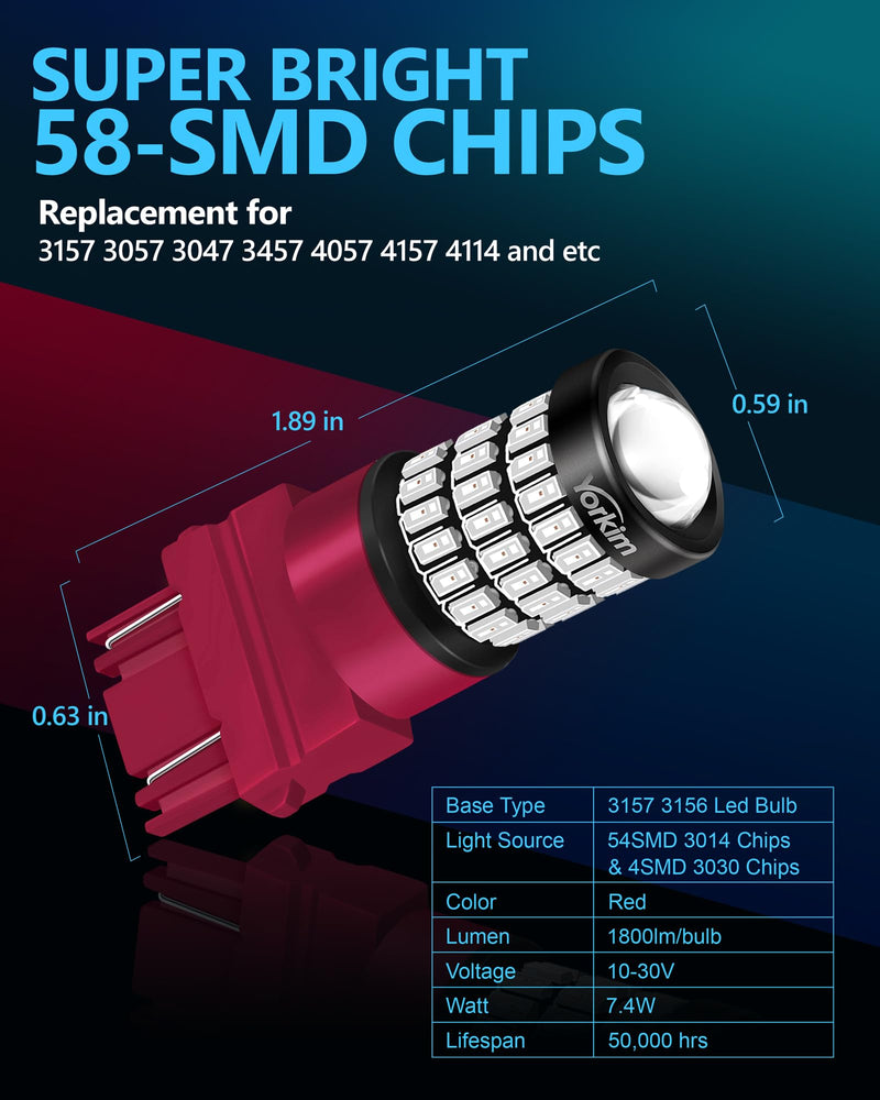 Yorkim 3157 Led Bulb Red 3157 Led brake bulb tail lights 3157 blinking brake lights with Projector 3056 3156 3057 4057 4157 T25 Led Bulbs red, Pack of 2