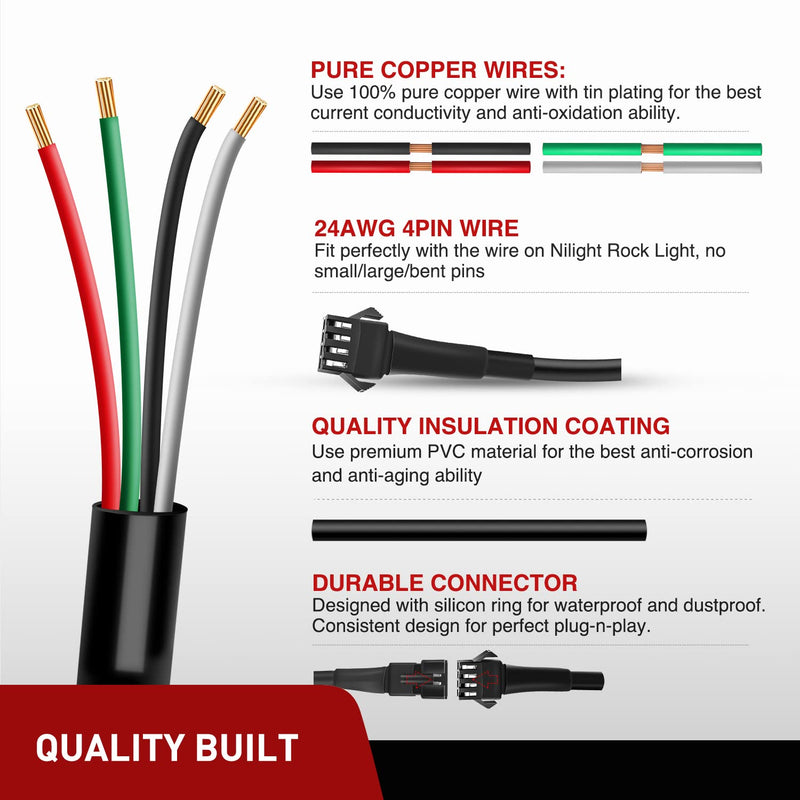 Nilight Extension Cable for Motorcycle LED Strip Lights 4PCS 2 Feet Extension Cords 3PCS 2 Way Y Splitter 4PIN Extension Cord for Underglow Neon Accent Light Strips Rock Lights