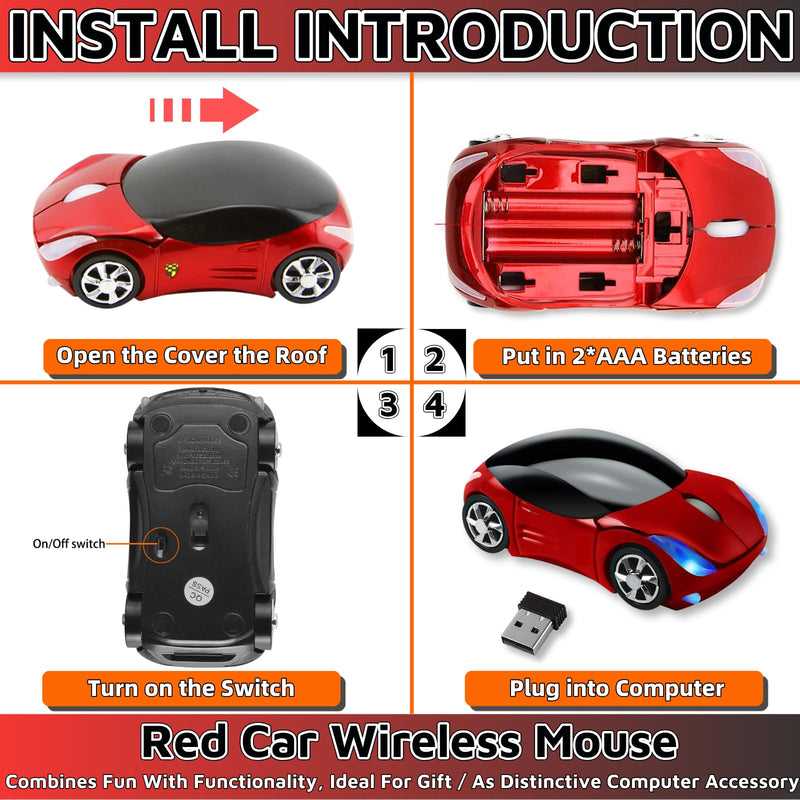 Cute Mouse Wireless Red，Car Mouse 1600DPI 2.4G with USB Reciver for Computer Wireless Computer Mouse Wireless USB Wireless Mouse for Windows for Mac OS for Laptop Computer Tablet（Red）