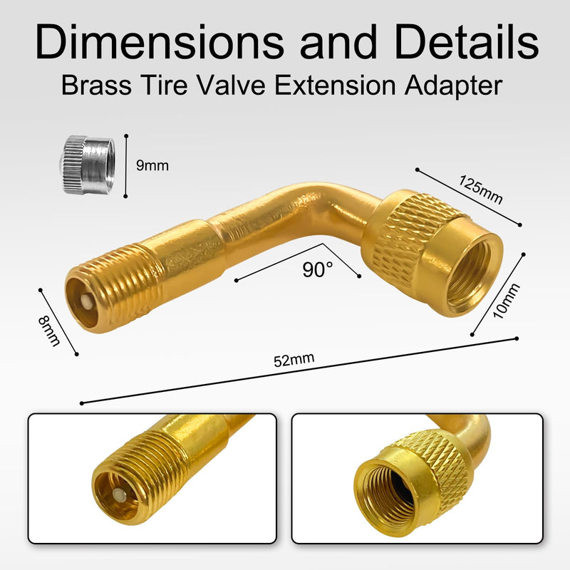 Valve Stem Extension, 2pcs 8.25 Inch Flexible Tire Valve Extender with 2pcs 90 Degree Brass Tire Valve Extension Adaptors, for Universal RV Cars Truck Motorcycle Bike Scooter