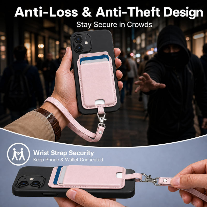MagSafe Wallet with Wrist Strap, 3 Card Holder with RFID Blocking, MagSafe Sticker Included, Slim Magnetic Phone Wallet for iPhone 17e/17/16/15/14/13/12 Series and Selected Samsung Devices Pink