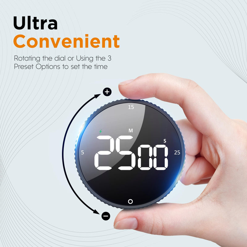 Rechargeable Magnetic Kitchen Timer-Loud Alarm Visual Productivity Timer&Pomodoro Timer with Large LED Display,3 Presets(5/15/25min),3 Volume Levels.Ideal for Cooking Fitness&Office Use(Blk) Black