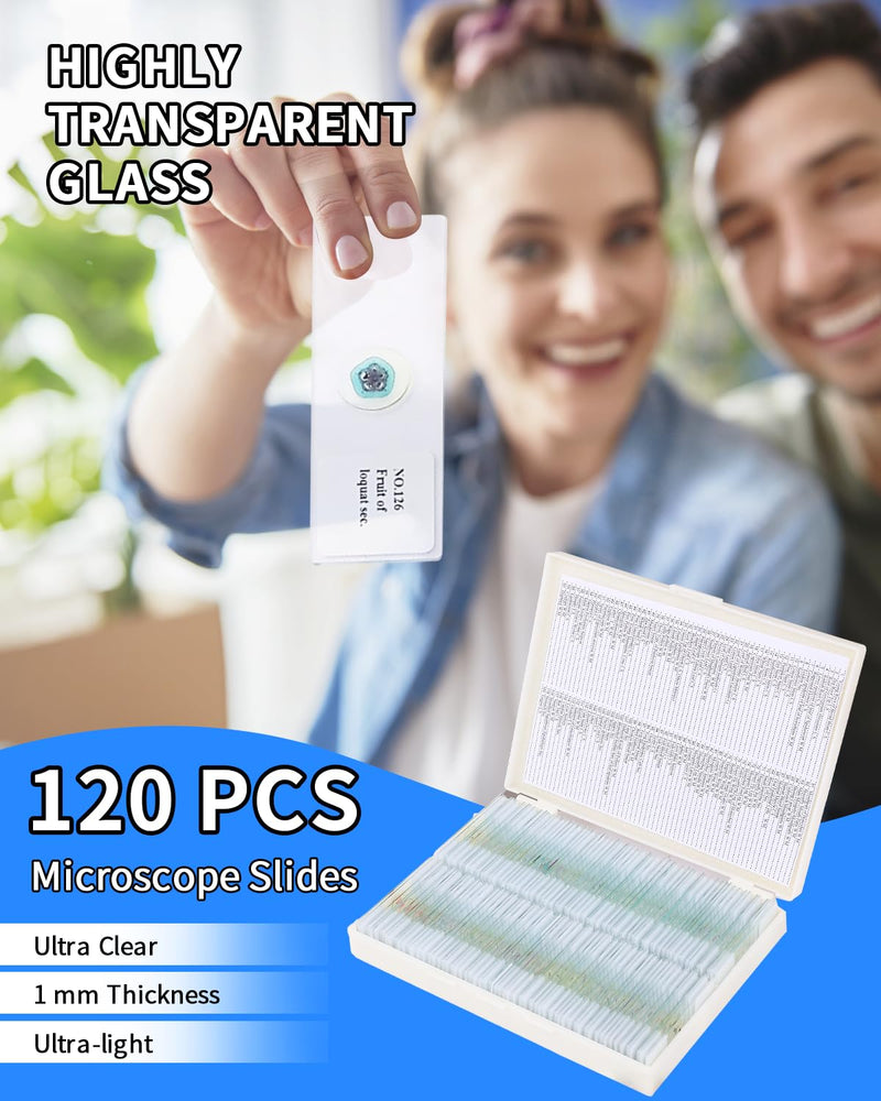 120-Pcs Microscope Slides with Specimens,Plant, Animal, Algae,etc,Educational Microscope Slides and Covers for Young Scientists,Perfect for Biology Class and Experiments 120pcs