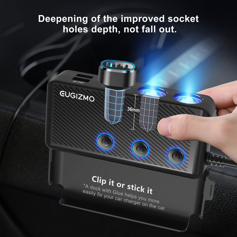 Cigarette Lighter Splitter Adapter, 222W 3 Socket Car Cigarette Lighter Plug Splitter USB Charger Multi Port 12V Car Plug Outlet Splitter with LED Voltage Display Independent Switches