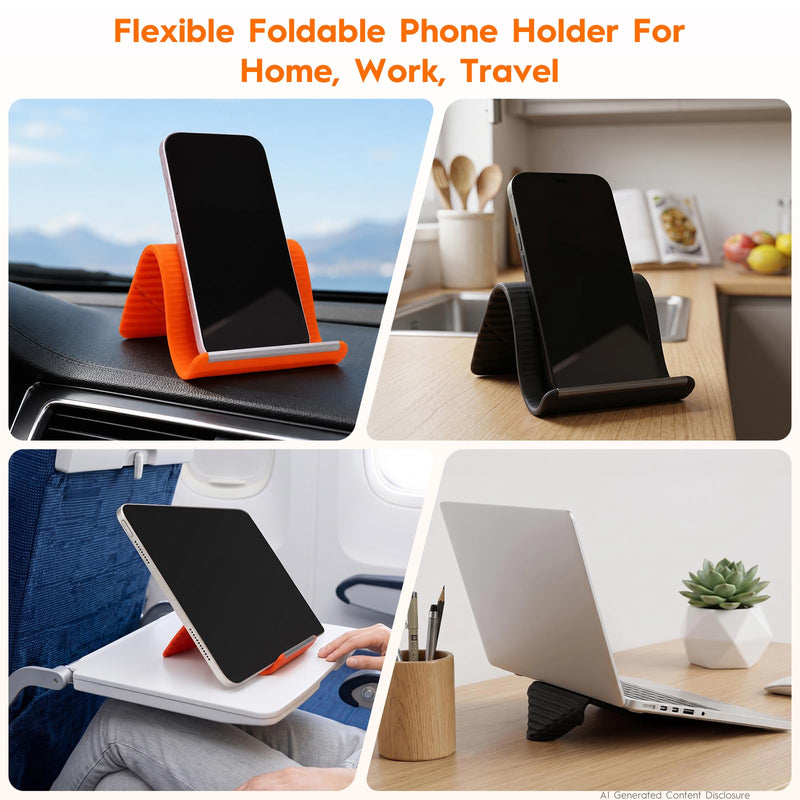 2 Pack Adjustable Foldable Silicone Phone Stand, Universal Bendable Cell Phone Tablet Holder, Portable Anti-Slip Desk Bed Phone Mount for Travel Home Office(Orange/Black) Mixed
