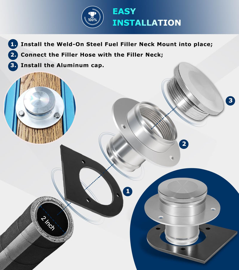 Camoo 17-2530 Remote Fuel Tank Filler Neck With Billet Aluminum Gas Cap & Weld-On Steel Mount Bracket For 2"" Hose Connection, Straight
