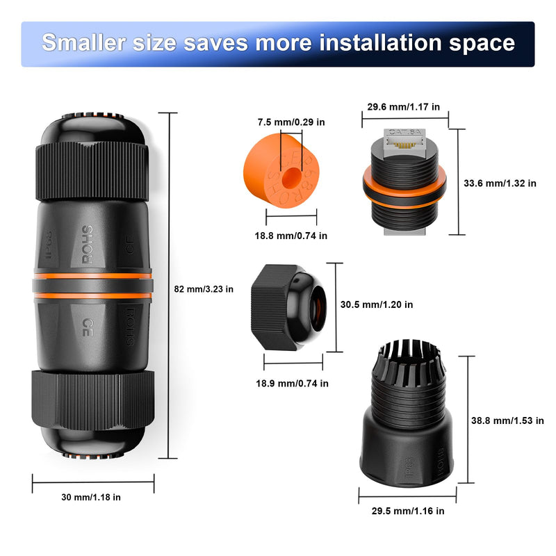 VCELINK CAT6A Waterproof Ethernet Coupler IP68 Short Profile, Female to Female Outdoor RJ45 Connector Shielded, Network Cable Extender 10Gbps for CAT6A/CAT6/CAT5E/CAT5 Cables 6-Pack, 3.23in