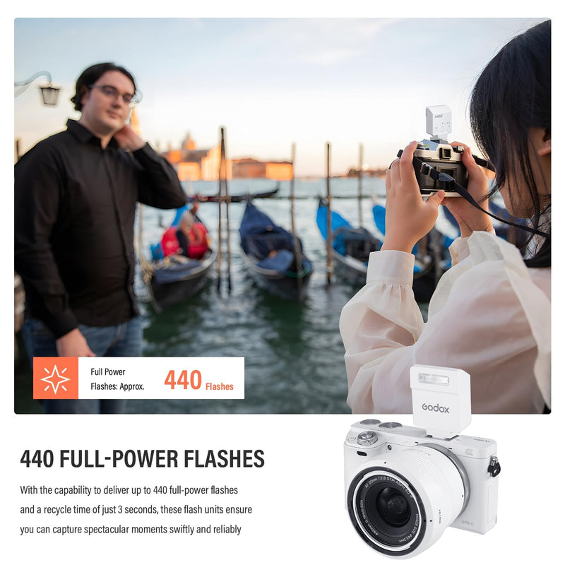 Godox iM22 Camera Flash Mini Flash 470mAh 440 Full-Power Flash | 5 Levels for Sony zve10,zv1 etc, Canon, Nikon,Fuji, Olympus Cameras White