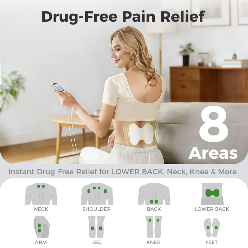 DOMAS TENS Unit with 4"x6" Butterfly Pad for Lower Back Pain Relief, 8 Guided Body Programs, USB-C Rechargeable, Dual Channel Silver
